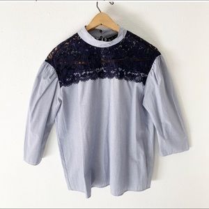 Zara blue pinstripe and lace blouse